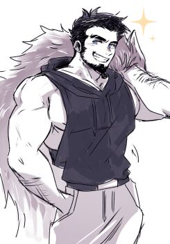 1boy bara beard black_hair blue_eyes boxing_gloves commission cowboy_shot danny_(felixnosi) eyebrow_cut facial_hair full_beard grin highres holding_hood hood hoodie impetuss large_pectorals male_focus mature_male muscular muscular_male nipple_slip nipples original pectorals short_hair sidepec sleeveless sleeveless_hoodie smile solo sparse_arm_hair thick_eyebrows unfinished wavy_hair wolf_hood wrestler