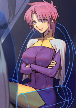1girl breasts cape closed_mouth covered_navel crossed_arms crossed_legs earrings ghost_in_the_shell ghost_in_the_shell:_stand_alone_complex hungry_clicker jewelry kusanagi_motoko large_breasts leotard looking_at_viewer pink_hair purple_eyes purple_leotard short_hair solo visible_ears white_cape