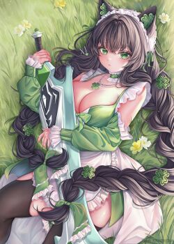 Rule 34 | 1girl, animal ears, apron, artist name, black hair, black thighhighs, braid, breasts, cat ears, cat girl, choker, cleavage, closed mouth, clover, clover hair ornament, commentary, commission, dress, english commentary, flower, four-leaf clover hair ornament, frilled choker, frills, grass, green choker, green dress, green eyes, hair ornament, highres, holding, holding sword, holding weapon, indie virtual youtuber, jewelry, kitsunya (vtuber), krashena, large breasts, long hair, lying, maid headdress, necklace, on back, shamrock, solo, sword, thighhighs, twin braids, virtual youtuber, weapon, white apron, white flower, yellow flower