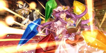 2girls apron arm_up black_hat black_skirt black_vest blonde_hair blue_ribbon book bow broom broom_riding capelet commentary crescent crescent_hat_ornament crystal dress duel embodiment_of_scarlet_devil english_commentary fighting floating_hair frilled_apron frilled_capelet frilled_skirt frills game_cg glint hagiwara_rin hair_bow hand_on_headwear hands_up hat hat_bow hat_ornament hat_ribbon highres holding holding_book indoors kirisame_marisa library light_rays long_hair looking_back magic_circle multiple_girls official_art open_book open_mouth patchouli_knowledge philosopher's_stone pink_capelet pink_dress pink_hat puffy_short_sleeves puffy_sleeves purple_eyes purple_hair red_ribbon ribbon scarlet_devil_mansion short_sleeves skirt sparkle spell_card striped_clothes striped_dress sweatdrop third-party_source touhou touhou_lostword turtleneck vertical-striped_clothes vertical-striped_dress vest voile waist_apron wavy_mouth white_apron white_bow witch_hat yellow_eyes