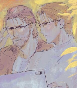 Rule 34 | 2boys, alternate universe, beard, bespectacled, commentary request, dojima daigo, facial hair, glasses, good end, ipad, male focus, mine yoshitaka, mullet, multiple boys, muted color, parted bangs, ryuu ga gotoku (series), ryuu ga gotoku 8, sketch, tablet pc, turtleneck, tyag53