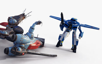 1boy 3d 3d-brainx alien canopy choujikuu_yousai_macross commentary damaged dirty empty energy_cannon gerwalk glaug gunpod highres macross macross:_do_you_remember_love? mecha mecha_focus no_humans open_cockpit realistic redesign robot science_fiction severed_limb simple_background variable_fighter vf-1 vf-1j walker_(robot) wreckage zentradi