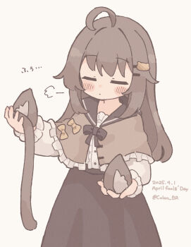 1girl ahoge animal_ear_fluff animal_ears april_fools biachan_(colon_br) black_sailor_collar black_skirt blush_stickers brown_capelet brown_hair capelet cat_ears cat_tail closed_eyes closed_mouth colon_br commentary_request cowboy_shot dated frilled_capelet frills hair_ornament hairclip highres holding_ears holding_own_tail long_hair long_sleeves original puff_of_air sailor_collar severed_ear severed_tail shirt simple_background skirt solo tail twitter_username white_background white_shirt