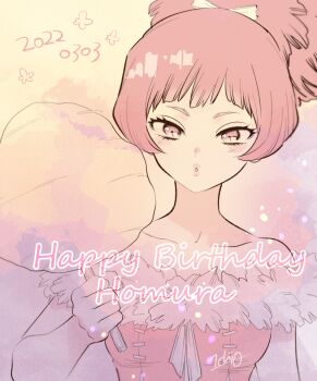 Rule 34 | 1girl, 2022, bare shoulders, blush, bow, character name, collarbone, cotton candy, dated, dr. stone, dress, eating, eyelashes, food, fur-trimmed dress, fur trim, happy birthday, high ponytail, holding, holding food, light blush, lips, lipstick, looking at viewer, makeup, momiji homura, ninomae gin, off shoulder, parted lips, pink background, pink dress, pink eyes, pink hair, pink lips, ponytail, puckered lips, sidelocks, simple background, solo, thick lips, upper body, white bow