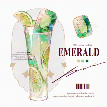 alcohol barcode cocktail color_guide commentary_request cup drink drinking_glass english_text food food_focus fruit gem green_gem lime_(fruit) lime_slice no_humans original spin_mayumura white_background
