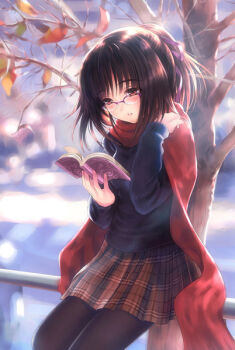 Rule 34 | book, brown hair, glasses, goto p, image sample, original, pantyhose, pixiv sample, plaid clothes, plaid skirt, resized, scarf, skirt, sweater, thighhighs, tree