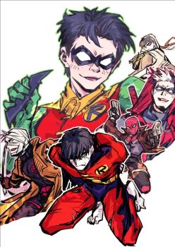 abraxas bat_signal batman_(series) batman_symbol black_bodysuit black_gloves black_hair bodysuit brown_jacket dc_comics domino_mask eye_mask gloves grey_bodysuit jacket jason_todd male_focus mask multicolored_bodysuit multiple_boys muscular muscular_male open_clothes pants red_hood_(dc) red_hood_and_the_outlaws red_mask short_hair superhero_costume taut_bodysuit two-tone_bodysuit