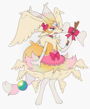 1girl :d animal_ears animal_feet bow braixen choker clothed_pokemon digitigrade dragonite fox_ears fox_girl fox_tail full_body furry furry_female fusion gem gen_1_pokemon gen_6_pokemon green_gemstone head_wings heart heart_choker highres holding holding_stick looking_at_viewer magical_girl mega_dragonite multicolored_eyes multicolored_fur neck_fur nintendo open_mouth pink_bow pink_choker pink_fur pink_skirt pokemon pokemon_(creature) rainbow_eyes seripu simple_background skirt smile snout solo standing stick tail thighhighs white_background white_thighhighs wings yellow_fur