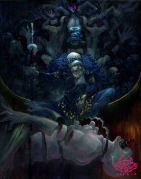 1boy acrylic_paint_(medium) blue_feathers chest_tattoo commentary dim_lighting dismemberment english_commentary feather_trim feathers hand_tattoo hat highres holding holding_sword holding_weapon male_focus one_piece painting_(medium) partially_open_jacket screaming sitting smirk solo_focus sword tattoo traditional_media trafalgar_law wafalo weapon white_hat