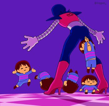 1boy 1other afterimage armor black_hair black_pants boots brown_hair brown_shoes checkered_floor closed_eyes colored_skin frisk_(undertale) gloves high_heel_boots high_heels highres humanoid_robot incoming_attack irogun jumping kanchou mechanical_arms mettaton mettaton_ex outstretched_arms pants pauldrons pink_boots purple_background robot robot_boy rolling shirt shoes short_hair shorts shoulder_armor striped_clothes striped_shirt switch undertale utdr_(toby_fox) white_gloves yellow_skin