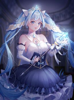 Rule 34 | 1girl, absurdres, aqua eyes, aqua hair, aqua nails, blue dress, blue gem, blush, breasts, closed mouth, collarbone, detached collar, dress, earrings, flower, fortissimo, frilled dress, frills, gamin (rkald1110), gem, gold trim, hair between eyes, hair ornament, hand on own chest, hatsune miku, highres, holding, holding wand, jewelry, long hair, musical note, musical note hair ornament, official alternate costume, official alternate hairstyle, red flower, red rose, rose, small breasts, smile, snowflake hair ornament, solo, strapless, strapless dress, twintails, very long hair, vocaloid, wand, white tiara, yuki miku, yuki miku (2019)