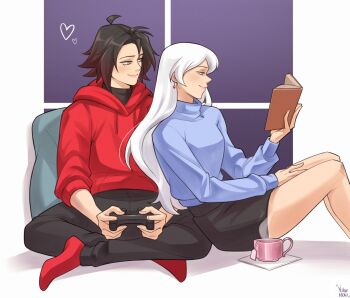2girls artist_name black_hair black_pants black_shirt blue_eyes blue_hoodie book cup full_body grey_eyes heart highres holding holding_book hood hoodie long_hair multicolored_hair multiple_girls pants reading red_hair red_hoodie red_socks ruby_rose rwby shirt short_hair shorts socks teacup weiss_schnee white_hair window yellow_nicky yuri