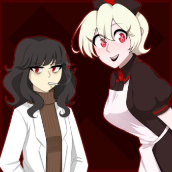 2girls alpha_transparency apron bags_under_eyes black_dress black_hair black_lips blonde_hair brown_sweater cigarette coat dress gallaxi hat juno_(gallaxi) looking_at_viewer multiple_girls nurse nurse_(gallaxi) nurse_cap outline primamori_clinic puffy_short_sleeves puffy_sleeves red_background red_eyes red_outline short_hair short_sleeves smoking sweater symbol-shaped_pupils turtleneck turtleneck_sweater white_apron white_coat x-shaped_pupils