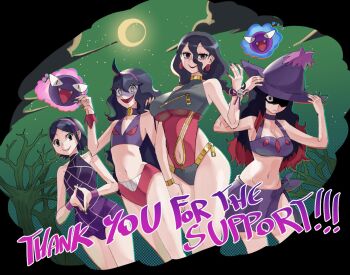 4girls ahoge alternate_color alternate_costume bare_tree bikini bikini_skirt black_hair black_nails black_one-piece_swimsuit bracelet breast_zipper breasts character_print choker cleavage clothing_cutout cloud colored_tips commission cosplay covered_navel cowboy_shot crescent_moon earrings english_text expressionless fangs fingernails flat_chest floating gastly gen_1_pokemon gen_4_pokemon ghost_pose gold gold_bracelet gold_zipper green_sky hair_between_eyes hairband half-closed_eyes hand_up hands_up hat hex_maniac_(pokemon) hex_maniac_(pokemon_legends:_z-a) hex_maniac_(pokemon_rse) hex_maniac_(pokemon_xy) hex_maniac_(prototype)_(pokemon) jewelry large_breasts lipstick long_hair looking_at_viewer makeup messy_hair mismagius mismagius_(cosplay) moon multicolored_hair multiple_girls multiple_persona nail_polish navel navel_cutout night night_sky nintendo official_alternate_color one-piece_swimsuit one_eye_in_shadow open_mouth outdoors own_hands_together parted_bangs partially_shaded_face pear-shaped_figure pokemon pokemon_(creature) pokemon_legends:_z-a pokemon_rse pokemon_xy purple_bikini purple_choker purple_hairband purple_hat purple_lips purple_one-piece_swimsuit purple_ribbon purple_sarong red_hair red_one-piece_swimsuit ribbon sarong shiny_pokemon short_hair sky smile spider_web_print star_(sky) swimsuit thank_you tree two-tone_hair two-tone_swimsuit wanderjegson witch_hat wrist_ribbon wristband zipper zipper_pull_tab