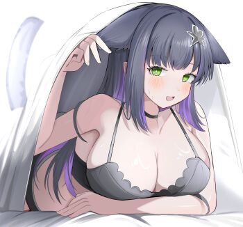 :d absurdres animal_ears arknights arm_up bare_arms bare_shoulders black_bra black_hair black_panties blush bra breasts cat_ears cat_girl cat_tail cleavage collarbone green_eyes highres jessica_(arknights) large_breasts long_hair looking_at_viewer lying multicolored_hair on_stomach open_mouth panties purple_hair simple_background smile spam_(spamham4506) tail two-tone_hair under_covers underwear underwear_only very_long_hair white_background