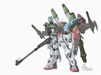arms_at_sides artist_name beam_rifle calamity_gundam chinese_commentary clenched_hand commentary_request dated energy_gun full_body gatling_gun gun gundam gundam_seed highres holding holding_gun holding_weapon mecha mecha_focus missile_pod mobile_suit no_humans perfect_strike_gundam robot science_fiction simple_background solo standing v-fin weapon white_background windforcelan yellow_eyes