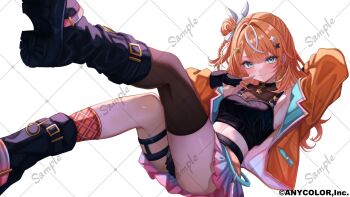 1girl arm_behind_head asymmetrical_legwear black_boots black_gloves black_thighhighs boots closed_mouth commentary_request fingerless_gloves gloves highres igarashi_rika jacket kneehighs long_hair long_sleeves looking_at_viewer midriff mismatched_legwear multicolored_hair multicolored_skirt nijisanji official_art open_clothes open_jacket orange_hair orange_socks sa-ya2 sample_watermark simple_background skirt smile socks solo streaked_hair thighhighs uneven_legwear virtual_youtuber watermark white_background white_hair