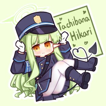 1girl armband black_jacket black_skirt blue_archive blue_skirt blush boots brown_eyes chibi chinese_commentary closed_mouth commentary_request deformed demon_tail english_text full_body gloves green_background green_hair halo hands_up hat heart heart_tail hikari_(blue_archive) jacket knee_boots long_hair long_sleeves looking_at_viewer nuansede_kekeya orange_eyes outline pantyhose peaked_cap pleated_skirt pointy_ears simple_background skirt solo tail very_long_hair white_gloves white_outline white_pantyhose