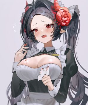 1girl apron black_dress black_hair blood breasts cleavage cleavage_cutout clothing_cutout demon_horns dress fang frown fymrie hand_up holding horns juliet_sleeves large_breasts long_hair long_sleeves looking_at_viewer maid maid_apron maid_headdress open_mouth original parted_bangs pointy_ears puffy_sleeves simple_background solo tissue twintails very_long_hair white_background