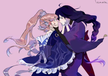 Rule 34 | 2girls, ahoge, artist name, back bow, blunt bangs, bow, braid, bridal gauntlets, couple, dress, frilled dress, frills, genshin impact, gradient hair, high ponytail, highres, japanese clothes, kimono, lenaikkk, long sleeves, looking at another, multicolored hair, multiple girls, pink hair, pink kimono, ponytail, purple background, purple eyes, purple hair, raiden shogun, sangonomiya kokomi, single braid, standing, upper body, wide sleeves, yuri