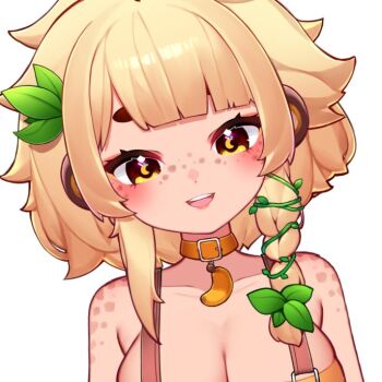 1girl animal_ears banana bananajuju blonde_hair breasts brown_eyes cleavage collar food freckles fruit hair_ornament indie_virtual_youtuber large_breasts leaf_hair_ornament looking_at_viewer monkey_ears monkey_girl open_mouth orange_collar portrait short_hair simple_background solo teeth upper_teeth_only virtual_youtuber white_background