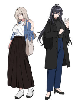 2girls absurdres antenna_hair bag black_coat black_eyes black_hair black_shoes black_skirt black_sweater blue_eyes blue_jacket blue_pants breasts brown_hair cellphone closed_mouth coat commentary_request expressionless grey_shoes hair_intakes hand_up high_heels highres holding holding_phone jacket korean_commentary large_breasts long_hair long_skirt long_sleeves multiple_girls open_clothes open_coat open_jacket original pants phone pleated_skirt ribbed_sweater shoes shoulder_bag sidelocks simple_background siribang1215 skirt smartphone sweater sweater_tucked_in turtleneck turtleneck_sweater unbuttoned very_long_hair white_background white_sweater wispy_bangs