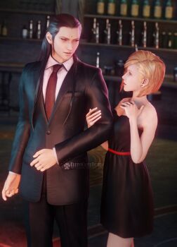 1boy 1girl 3d absurdres asymmetrical_hair bar_(place) bare_arms bindi black_dress black_hair black_jacket black_pants black_suit blonde_hair brown_eyes cocktail_dress couple dress earrings elena_(ff7) elenachatnoir final_fantasy final_fantasy_vii final_fantasy_vii_remake formal_clothes hair_slicked_back hand_on_own_chest highres holding_another's_arm jacket jewelry long_hair necktie pants shirt short_dress short_hair sideburns square_enix suit tseng turks upper_body white_shirt