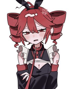 1girl ahoge anger_vein animal_ear_hairband animal_ears apron bare_shoulders black_hairband black_leotard black_sleeves blush breasts cleavage commentary_request detached_sleeves double-parted_bangs drill_hair fake_animal_ears hair_between_eyes hairband highres kasane_teto leotard long_sleeves looking_at_viewer nail_polish okayu_(okayuyuyu2) open_mouth playboy_bunny rabbit_ear_hairband rabbit_ears red_eyes red_hair red_nails short_hair simple_background solo strapless strapless_leotard sweat textless_version translation_request twin_drills upper_body utau white_apron white_background