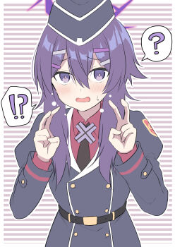!? 1girl ? absurdres akane_souichi belt black_belt black_hat black_jacket black_necktie blue_archive blush bright_pupils buttons collared_shirt commentary dot_nose double-breasted double-parted_bangs double_v flipped_hair garrison_cap hair_between_eyes hair_ornament hairclip halo hands_up haruka_(blue_archive) hat highres jacket juliet_sleeves long_hair long_sleeves looking_at_viewer necktie nervous nervous_sweating open_mouth puffy_sleeves purple_background purple_eyes purple_hair purple_halo raised_inner_eyebrows red_shirt school_uniform shirt sidelocks solo speech_bubble spoken_interrobang spoken_question_mark standing striped_background sweat sweatdrop too_many_hair_ornaments upper_body v wavy_mouth white_background