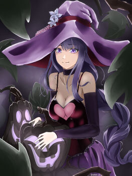 1girl absurdres alleincr alternate_costume artist_name bare_shoulders black_choker braid breasts choker cleavage closed_mouth collarbone detached_sleeves genshin_impact glowing halloween hat highres jack-o'-lantern large_breasts light_smile long_braid long_sleeves mole mole_under_eye outdoors pumpkin purple_eyes purple_hair purple_nails raiden_shogun single_braid solo standing upper_body witch witch_hat