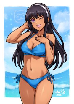 1girl absurdres arm_behind_head artist_name bikini black_hair blue_bikini breasts cleavage commission dark-skinned_female dark_skin earrings hairband hand_on_own_chest highres hunie_(series) huniepop jewelry kyanna_delrio long_hair looking_at_viewer medium_breasts nail_polish one_eye_closed open_mouth purple_eyes rotomdocs second-party_source side-tie_bikini_bottom signature smile solo swimsuit water