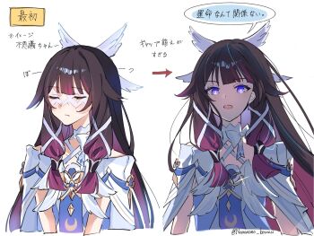 1girl arrow_(symbol) before_and_after black_hair bow bright_pupils closed_eyes closed_mouth colored_inner_hair columbina_(genshin_impact) dress eye_mask genshin_impact gradient_hair hair_ribbon head_wings highres long_hair looking_at_viewer mask multicolored_hair nononono_bouzu open_mouth purple_eyes purple_hair ribbon simple_background speech_bubble translation_request twitter_username upper_body white_background white_bow white_dress white_pupils white_ribbon white_wings wings