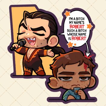 2boys alcohol beard_stubble black_hair blood blue_shirt bodysuit boots brown_hair chibi chibi_only closed_eyes coconutbiko collared_shirt commentary cup dispatch drinking_glass english_commentary english_text facial_hair flambae_(dispatch) highres holding holding_cup holding_microphone long_hair male_focus microphone multiple_boys open_mouth ponytail profanity red_boots robert_robertson shirt shot_glass speech_bubble star_(symbol) stubble teeth thick_eyebrows tongue