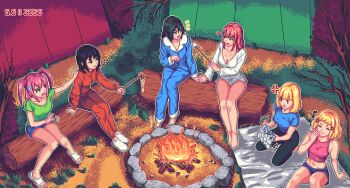 anger_vein bags_under_eyes black_hair blunt_bangs blush breasts cleavage closed_mouth dated hair_between_eyes heart highres holding interlocked_fingers katou_asuka kuroki_tomoko large_breasts long_hair looking_at_another medium_breasts minami_koharu multiple_girls navel nemoto_hina open_mouth pink_hair pixel_art santiagodraws shirt shoes short_hair smile tamura_yuri uchi_emiri watashi_ga_motenai_no_wa_dou_kangaetemo_omaera_ga_warui! yuri