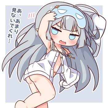 1girl arm_up armpits ass bare_shoulders barefoot blue_eyes blunt_bangs blush border bottomless collarbone commentary_request empty_eyes feet_out_of_frame female_tyrant_(stella_sora) grey_background grey_hair hana_kazari highres jewelry jitome key key_necklace long_hair looking_at_viewer necklace open_clothes open_mouth open_shirt outline outside_border shirt simple_background sleep_mask sleeveless sleeveless_shirt solo stella_sora translation_request tyrant_(stella_sora) wavy_mouth white_border white_outline white_shirt