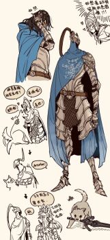 1girl 2boys armor artorias_the_abysswalker belt black_hair blue_cape blush brown_belt cape chinese_text commentary dark_souls_(series) dark_souls_i dragon_slayer_ornstein from_side full_armor full_body great_grey_wolf_sif hands_in_hair heart holding holding_sword holding_weapon long_hair lord's_blade_ciaran multiple_boys partially_colored patting simple_background speech_bubble sword sword_in_mouth symbol-only_commentary translation_request tworain_w upper_body weapon white_background wolf