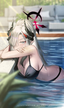 1girl absurdres alternate_costume bikini black_bikini blue_archive blush breasts cleavage crossed_arms demon_girl demon_horns erlisa_takanashi grey_hair hair_over_one_eye halo highres horns large_breasts long_hair looking_at_viewer makoto_(blue_archive) partially_submerged pointy_ears ponytail pool red_halo sidelocks solo sweatdrop swimsuit