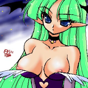 1girl alternate_ears aqua_hair bad_id bat_wings black_choker black_wings blue_eyes breasts choker clothing_cutout collarbone darkstalkers demon_girl head_wings heart_cutout hibiki_seiya jaggy_lines large_breasts long_hair lowres morrigan_aensland nipples pointy_ears solo wardrobe_malfunction wings