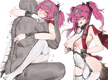 1boy 1girl ahegao armor bare_shoulders black_bow blush bodysuit bow breasts cameltoe collar dark-skinned_male dark_skin earrings fingernails hair_between_eyes hair_bow hairband jewelry large_breasts long_hair lupa_(wuthering_waves) metal_collar metal_hairband missionary multiple_hair_bows nail_polish nipples open_mouth pink_hair red_pupils red_sash sash sawaki_ken sex simple_background tail thick_thighs thighs white_background white_bodysuit wrist_guards wuthering_waves yellow_eyes