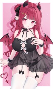1girl bare_shoulders black_chemise black_choker black_nails black_panties breasts chemise choker cleavage commission demon_girl demon_horns demon_tail demon_wings garter_belt hair_bun highres horns large_breasts long_hair looking_at_viewer nail_polish open_mouth original panties pointy_ears red_eyes red_hair ribbon_choker see-through_clothes shano_hiyori single_side_bun sitting skeb_commission skindentation smile solo spaghetti_strap string_panties tail thighhighs underwear very_long_hair white_thighhighs wings wristband