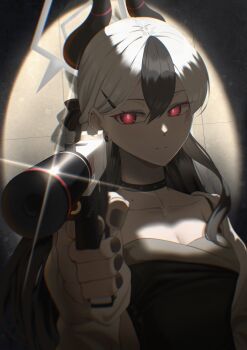 1girl absurdres aiming aiming_at_viewer black_choker black_dress black_hair black_horns black_nails blue_archive breasts brown_jacket choker cleavage collarbone commentary dark demon_horns dress ear_piercing glint glowing glowing_eyes gradient_hair grey_halo gun h&amp;k_p30 hair_between_eyes hair_ornament hairpin halo handgun highres holding holding_gun holding_weapon horns jacket kayoko_(blue_archive) kayoko_(dress)_(blue_archive) long_hair looking_at_viewer m1i_i109 mole mole_on_collarbone multicolored_hair official_alternate_costume piercing pointing pointing_at_viewer red_eyes sleeveless sleeveless_dress small_breasts solo studded_choker suppressor two-tone_hair upper_body weapon white_hair