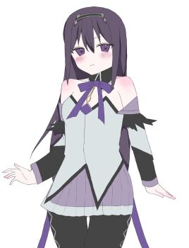 Rule 34 | 1girl, argyle clothes, argyle thighhighs, bare shoulders, black collar, black hairband, black thighhighs, bow, breasts, closed mouth, collar, detached collar, dress, dress bow, elements, euclid's, feet out of frame, fuminmeru, gem, grey dress, hair between eyes, hairband, highres, long hair, long sleeves, looking at viewer, mahou shoujo madoka magica, mahou shoujo madoka magica: walpurgis no kaiten, medium breasts, official alternate costume, purple eyes, purple gem, purple hair, solo, thighhighs, white background