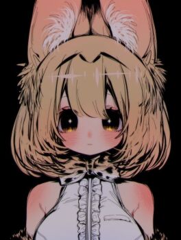 1girl animal_ear_fluff animal_ears bare_shoulders black_background blonde_hair bow bowtie breasts cat_ears cat_girl elbow_gloves extra_ears gloves kemono_friends large_breasts looking_at_viewer notora serval_(kemono_friends) shirt short_hair simple_background sleeveless sleeveless_shirt solo upper_body white_shirt yellow_eyes