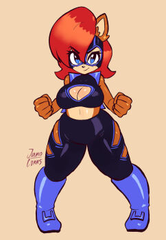 Rule 34 | 1girl, artist name, bare shoulders, breasts, chipmunk ears, chipmunk girl, clenched hands, commentary, english commentary, eyelashes, highres, jamoart, large breasts, looking at viewer, luchador mask, mask, no humans, red hair, sally acorn, solo, sonic (series)