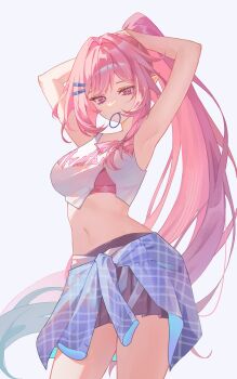 1girl absurdres alternate_costume armpits arms_up breasts clothes_around_waist commentary crop_top cyrene_(demiurge)_(honkai:_star_rail) cyrene_(honkai:_star_rail) cyrene_(nylon_japan)_(honkai:_star_rail) hair_ornament hair_tie_in_mouth hairclip hashtag-only_commentary highres honkai:_star_rail honkai_(series) large_breasts long_hair looking_at_viewer mouth_hold navel parallel_hairclips pink_hair ponytail purple_eyes purple_skirt shirt skirt solo stomach very_long_hair white_shirt zante_(0xx0xzt)