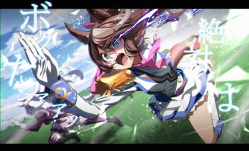 2girls animal_ears biwa_hayahide_(umamusume) blue_eyes brown_hair dress gloves highres horse_ears horse_girl horse_tail letterboxed motion_blur multicolored_hair multiple_girls nyanmaru open_mouth running running_track streaked_hair sweatdrop tail tokai_teio_(umamusume) umamusume white_dress white_gloves white_hair