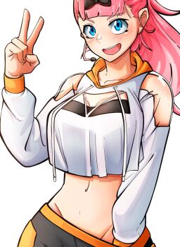 Rule 34 | 1girl, blue eyes, blunt bangs, breasts, cowboy shot, cropped hoodie, dilan griz, fujiwara chika, groin, hand up, hashtag-only commentary, headset, highres, hood, hood down, hoodie, kaguya-sama wa kokurasetai ~tensai-tachi no renai zunousen~, large breasts, long hair, long sleeves, looking at viewer, my nonfiction, navel, open mouth, pink hair, simple background, smile, solo, stomach, v, white background, white hoodie