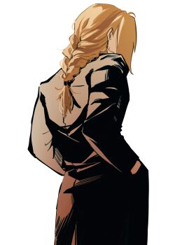 Rule 34 | 1boy, ahoge, black coat, blonde hair, braid, coat, commentary, edward elric, english commentary, facing away, from behind, fullmetal alchemist, hair tie, hand in pocket, highres, jeweldraw, long coat, long hair, long sleeves, male focus, single braid, sketch, solo, white background