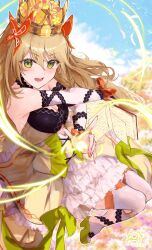 Rule 34 | 1girl, bare shoulders, blonde hair, book, bow, breasts, butterfly hair ornament, casting spell, celine (fire emblem), crown, dress, fire emblem, fire emblem engage, flower, glowing, green eyes, hair flower, hair ornament, highres, incoming attack, long hair, looking at viewer, magic, nintendo, open mouth, orange bow, small breasts, solo, very long hair, yuuri (orz commushows)