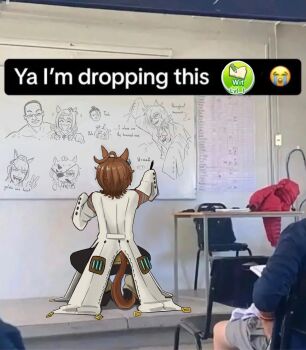 1girl 1other agnes_tachyon_(tach-nology)_(umamusume) agnes_tachyon_(umamusume) ahoge animal_ears brown_hair character_drawing_themselves character_request chemical_structure coat commentary cosplay crying_emoji emoji english_commentary english_text from_behind full_body gold_ship_(umamusume) haru_urara_(umamusume) highres horse_ears horse_girl horse_tail johnholl0w jujutsu_kaisen meisho_doto_(umamusume) metal_gear_(series) metal_gear_rising:_revengeance metal_gear_solid_v:_the_phantom_pain photo-referenced photo_background scene_reference squatting steven_armstrong tail toudou_aoi_(jujutsu_kaisen) umamusume venom_snake_(cosplay) white_coat whiteboard